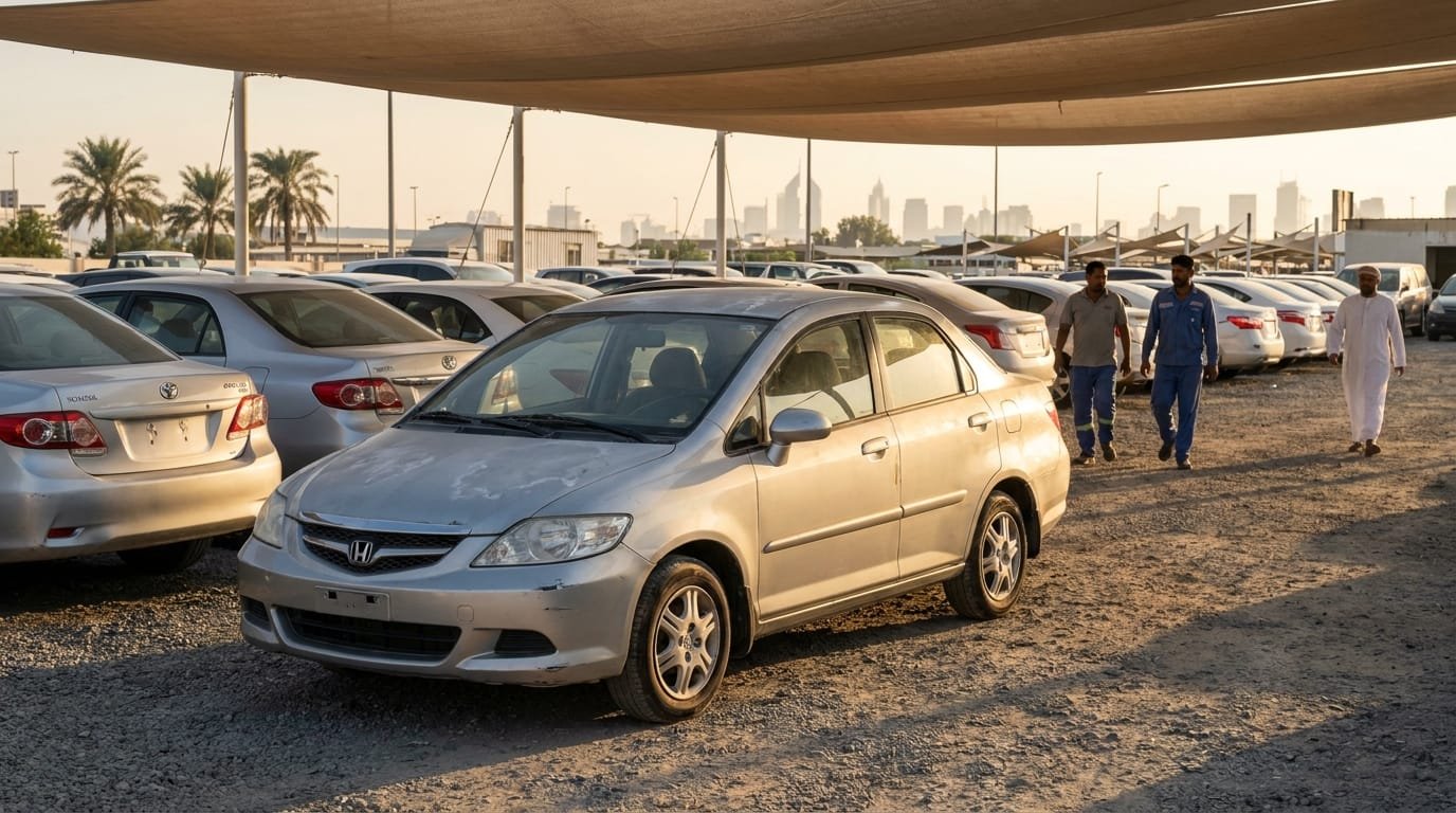 used Honda City sedan parked at a Dubai used car showroom during purchase inspection