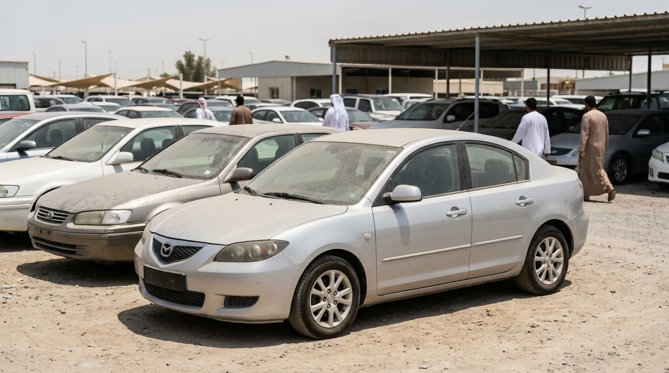 Used Mazda 3 sedan parked in a UAE used car lot in Sharjah Industrial Area, overhead sun, dusty lot, inspection ready