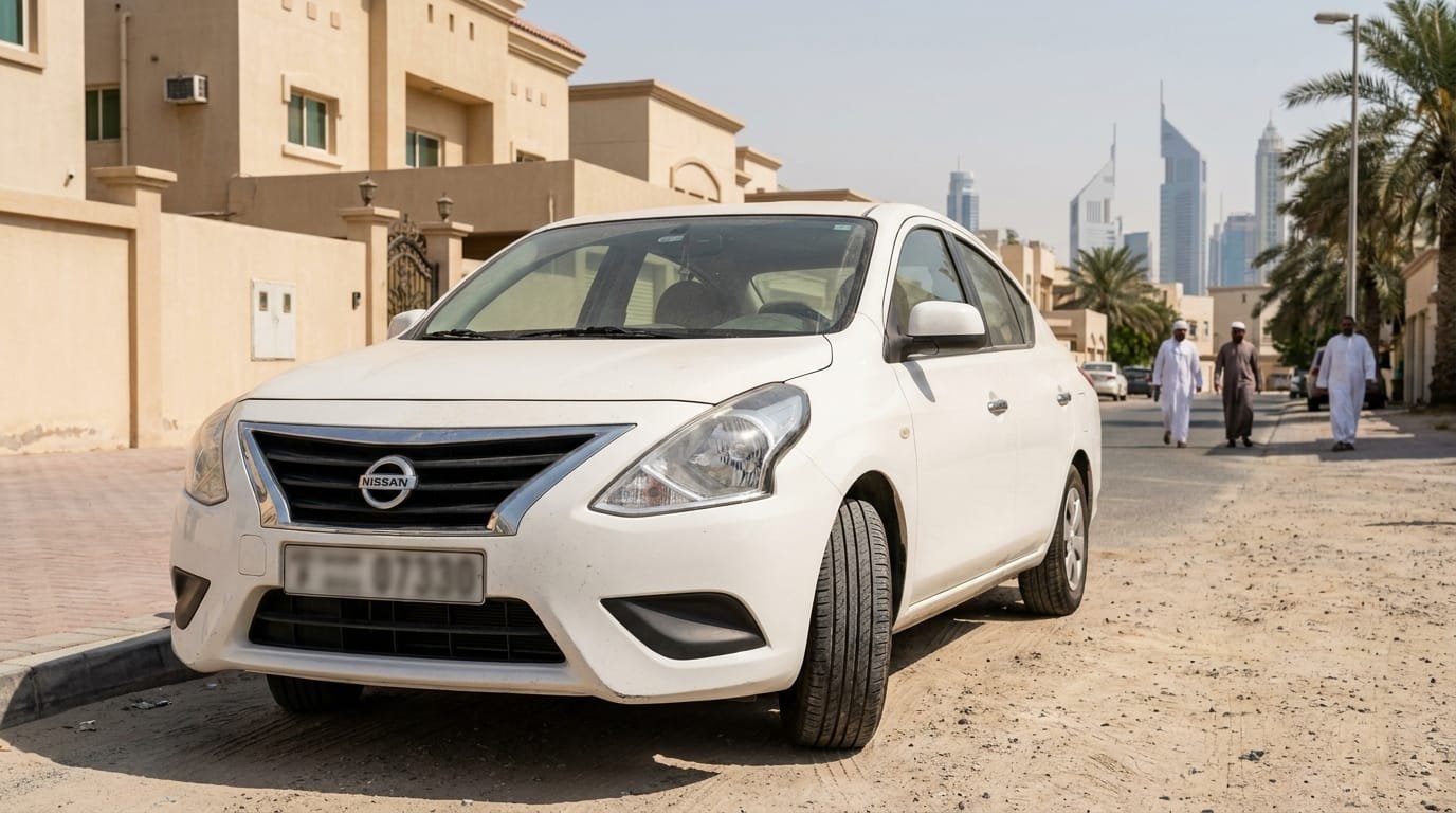 Used Nissan Sunny 2019 parked in Al Quoz industrial area Dubai