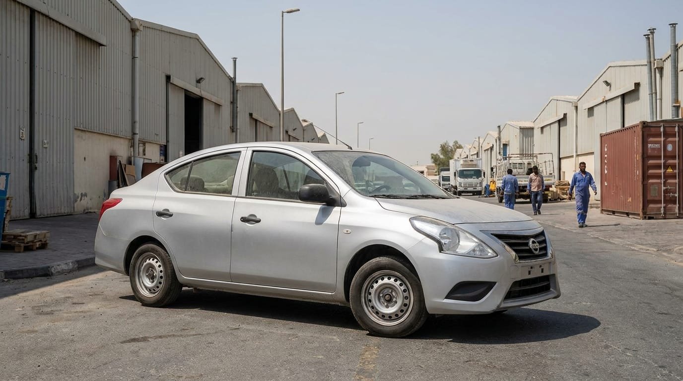 Used Nissan Sunny 2022 parked in Al Quoz Dubai, factory-stock condition silver sedan