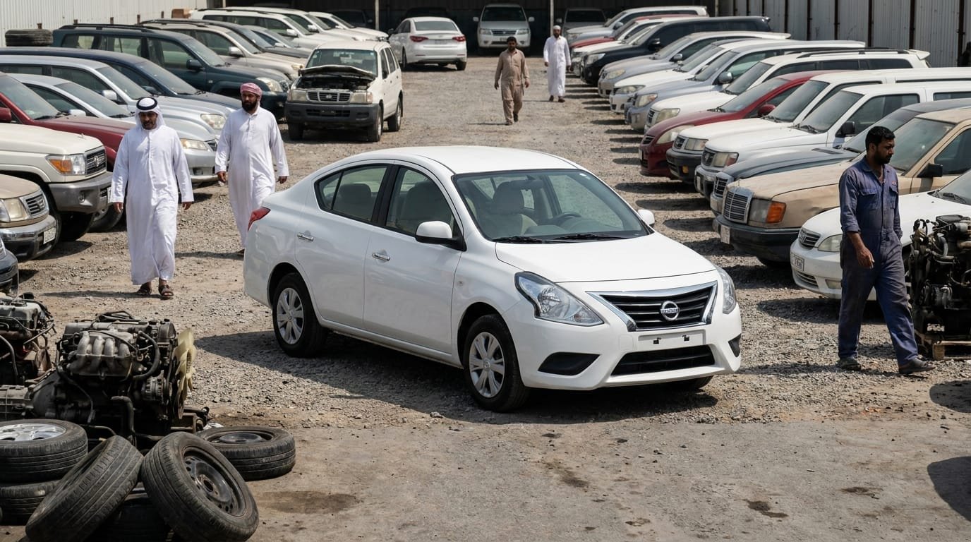 Used Nissan Sunny 2021 GCC spec parked at a Sharjah used car lot, front three-quarter view in afternoon light