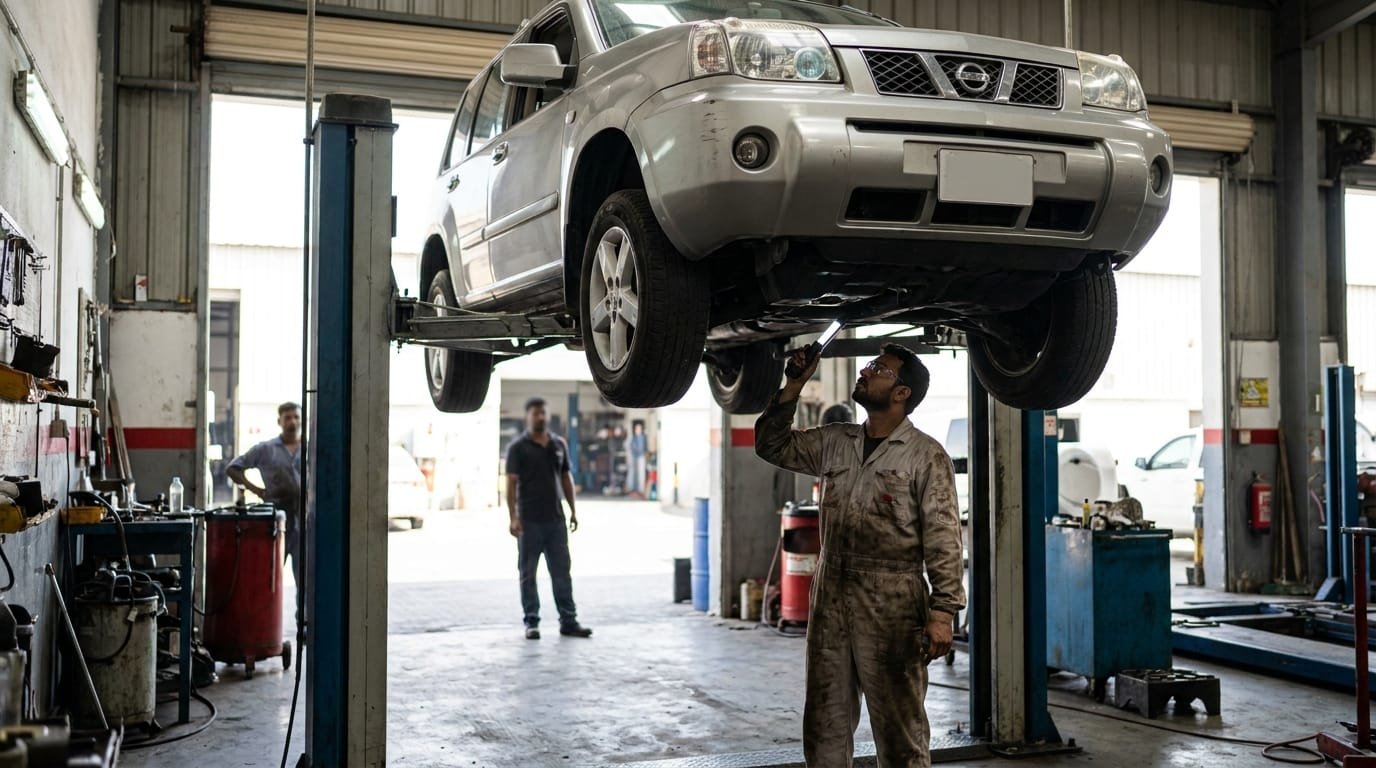 Used Nissan X-Trail undercarriage inspection at Al Quoz workshop Dubai