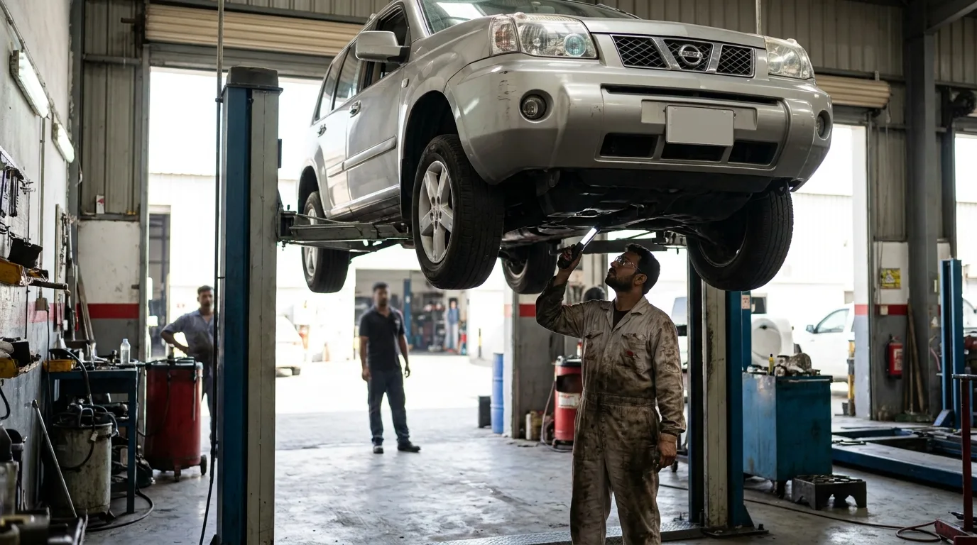 Used Nissan X-Trail undercarriage inspection at Al Quoz workshop Dubai