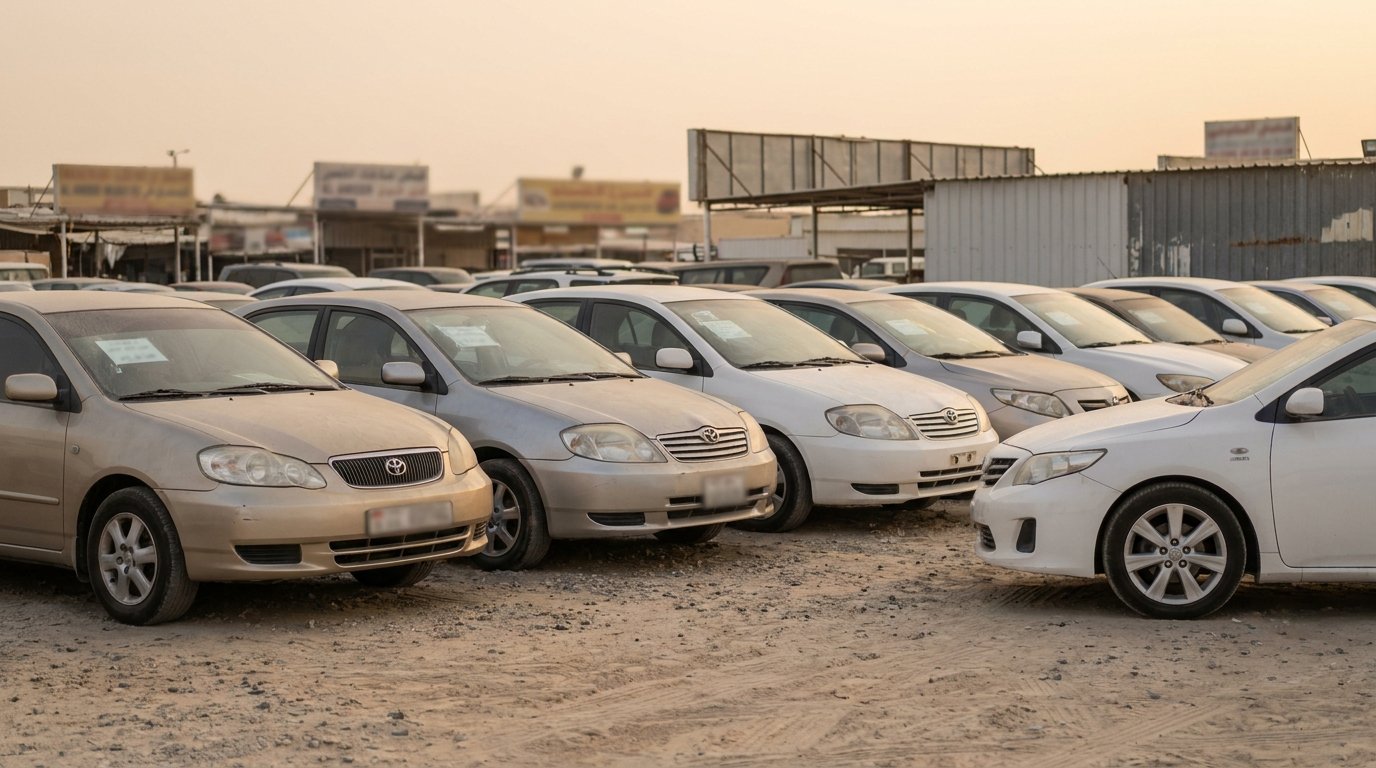 Used Toyota Corolla listings at Al Aweer used car market Dubai with price boards visible
