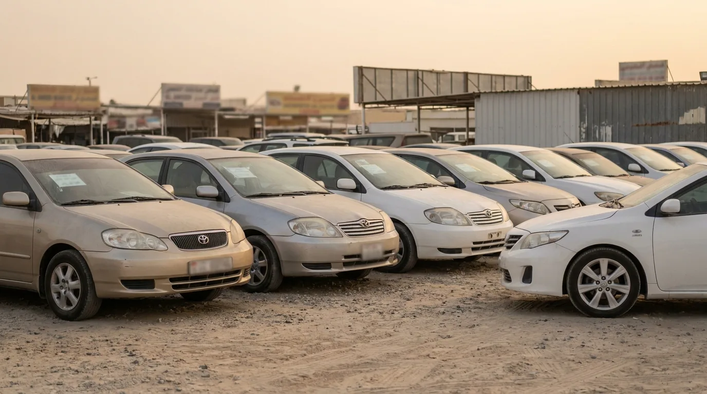 Used Toyota Corolla listings at Al Aweer used car market Dubai with price boards visible