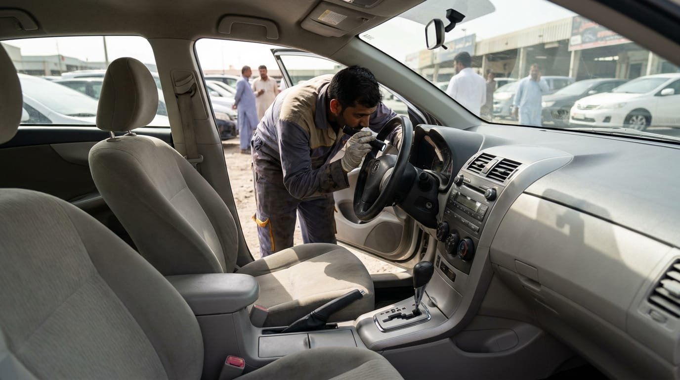 UAE expat couple inspecting Toyota Corolla interior at Sharjah used car market