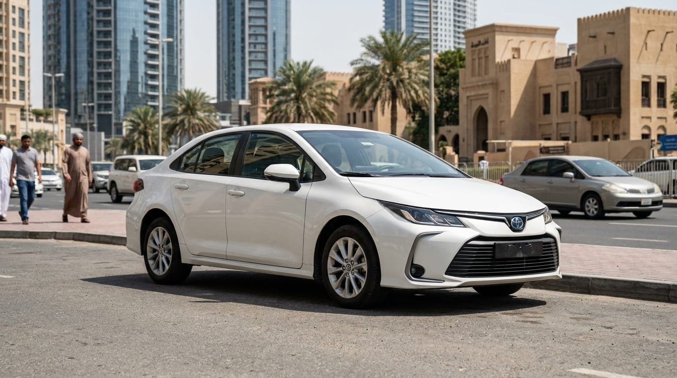 2021 Toyota Corolla GCC spec parked on Dubai street in summer