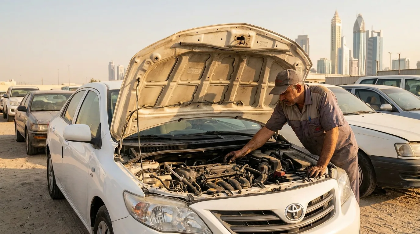 Man inspecting engine bay of white Toyota Corolla at an outdoor used car lot in Dubai