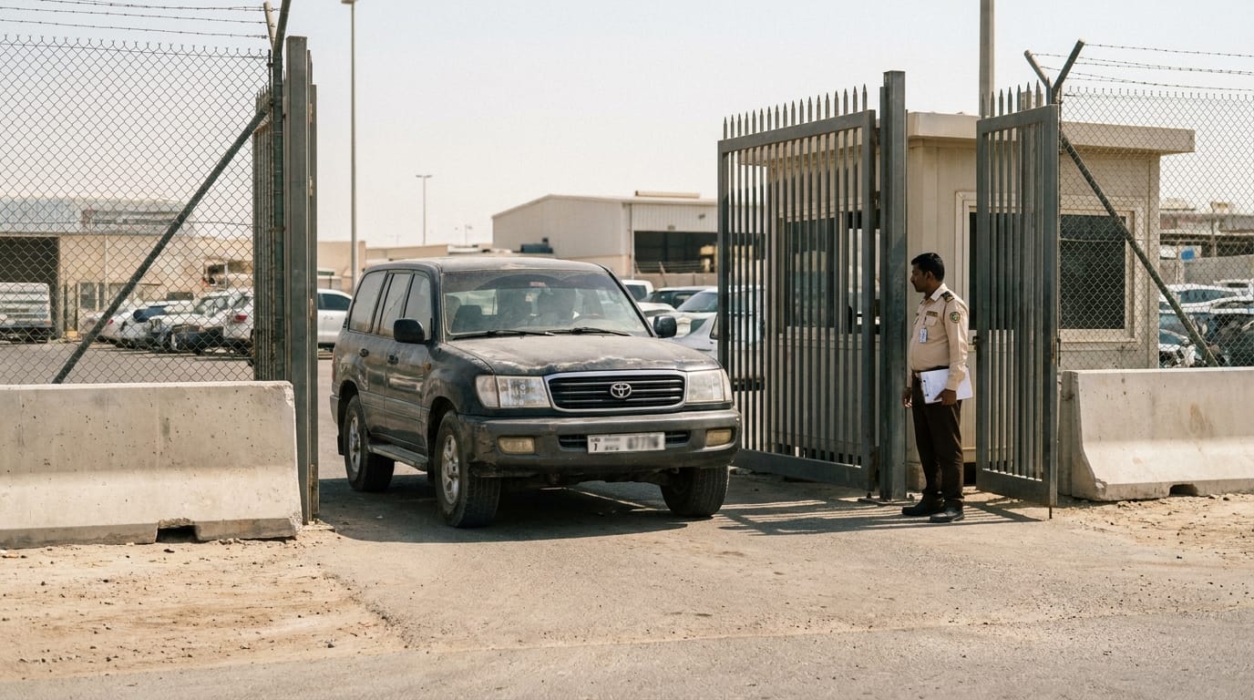 Vehicle being released from official UAE impound yard after document verification, realistic government facility daytime