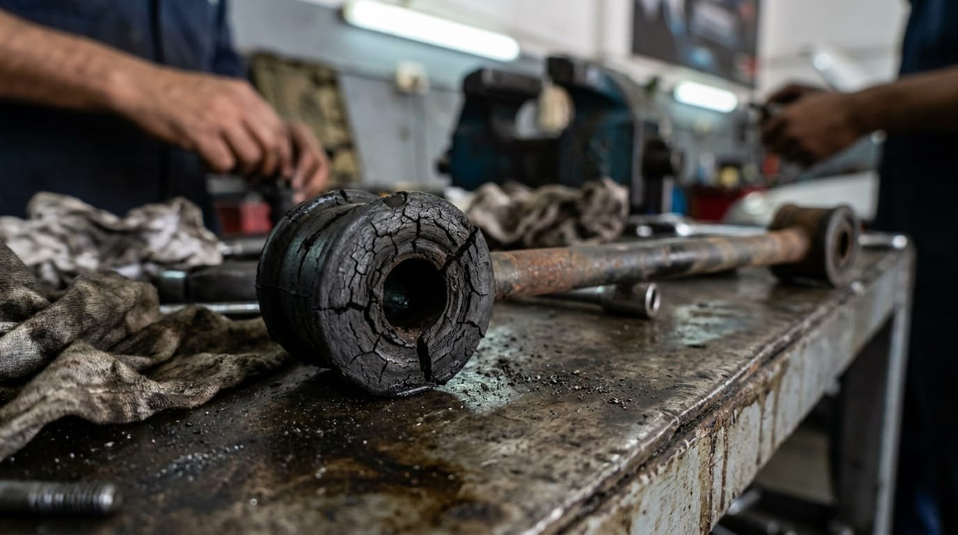 Worn sway bar link and cracked rubber bushing removed from UAE vehicle laid on workshop bench