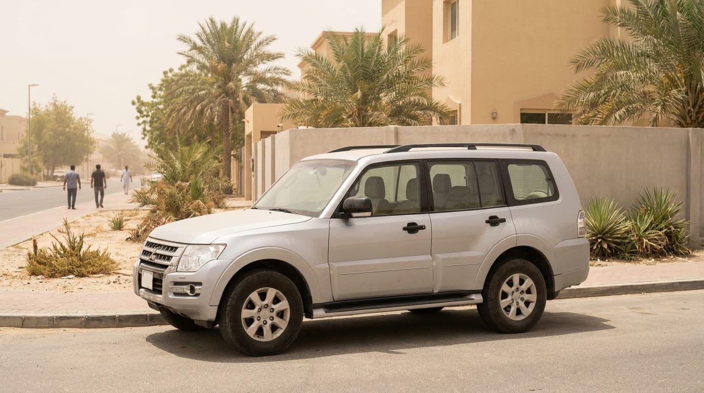UAE expat reviewing annual used car running costs budget on a notebook beside a Mitsubishi Pajero