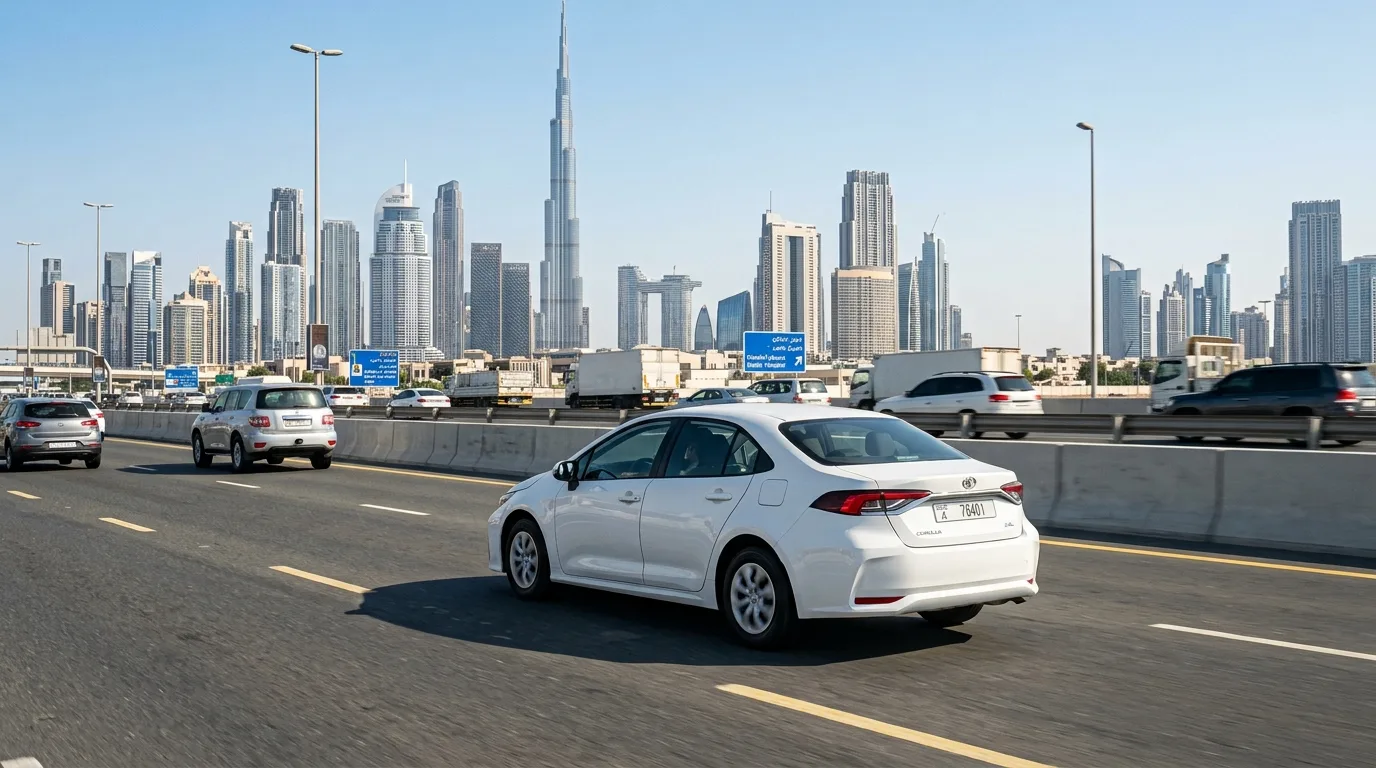 best family cars uae Toyota Corolla sedan 2022 white GCC Dubai highway