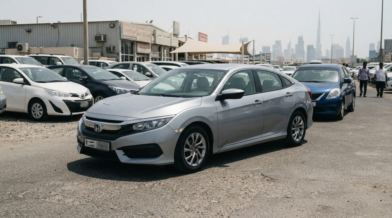 best time buy used honda civic uae — Honda Civic sedan parked at a Dubai used car dealership