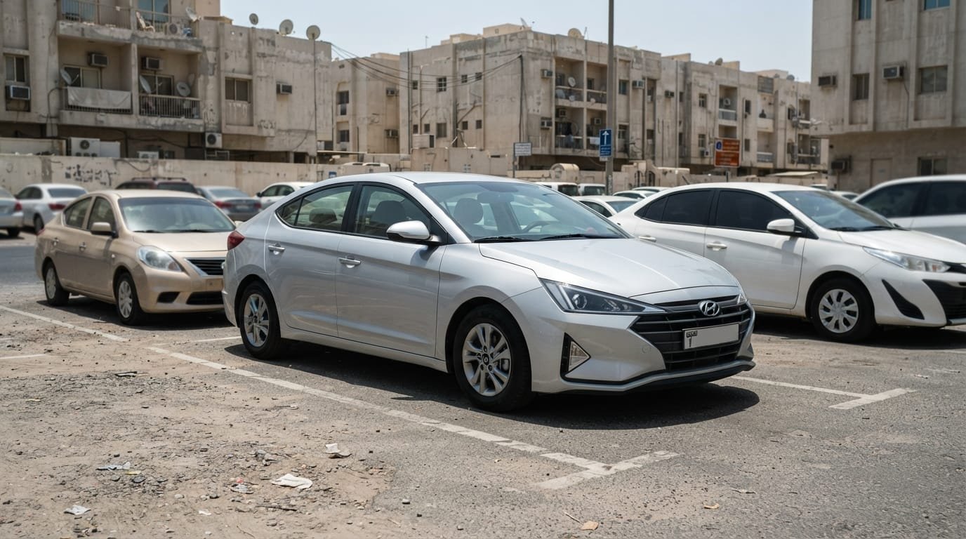 best time buy used hyundai elantra uae — silver 2021 model in Dubai parking