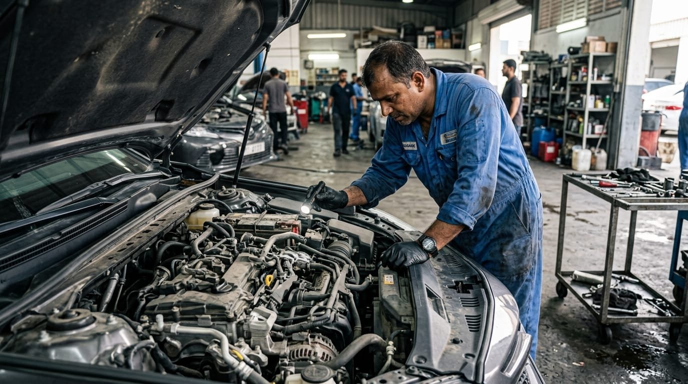 car pre-purchase inspection uae al quoz mechanic checking engine 2019 sedan
