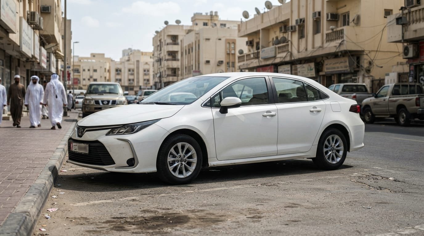 cars with best resale value uae — 2022 Toyota Corolla GCC spec white sedan parked in Dubai