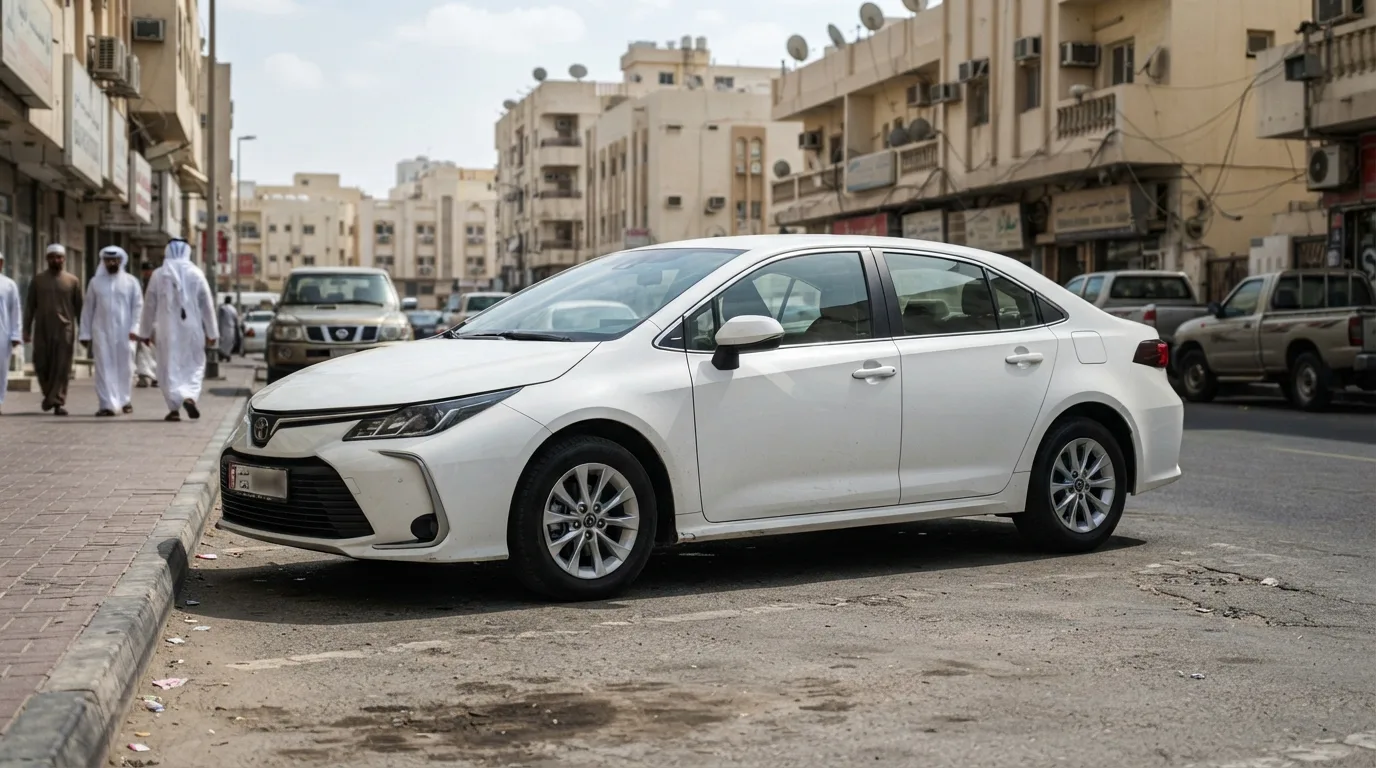 cars with best resale value uae — 2022 Toyota Corolla GCC spec white sedan parked in Dubai