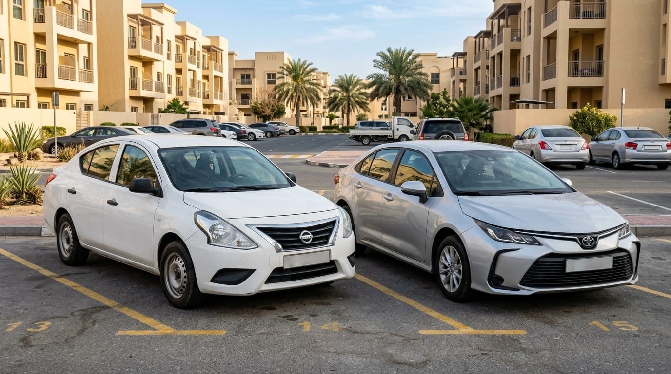 cheapest cars to insure uae — Nissan Sunny and Toyota Corolla parked side by side in a Dubai residential district