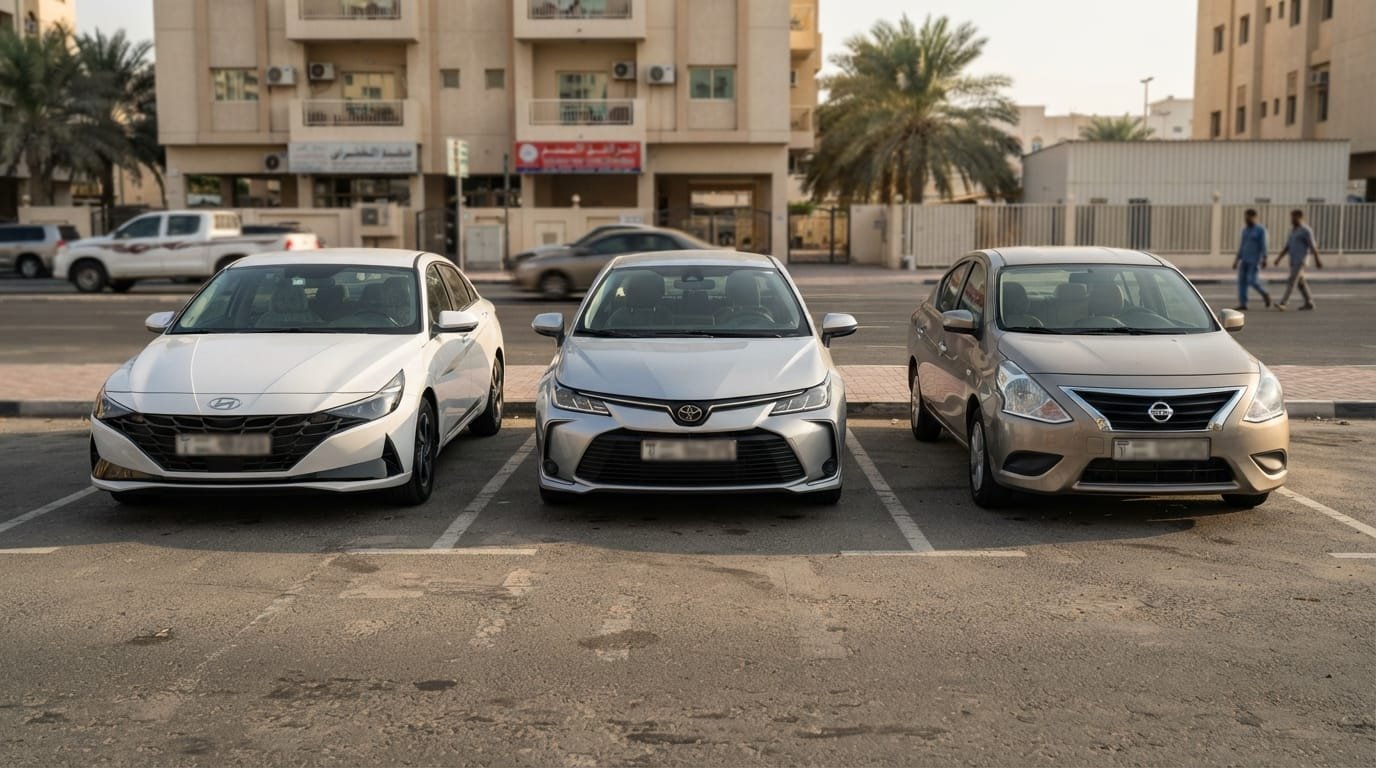 Hyundai Elantra Toyota Corolla Nissan Sunny UAE sedan comparison parking