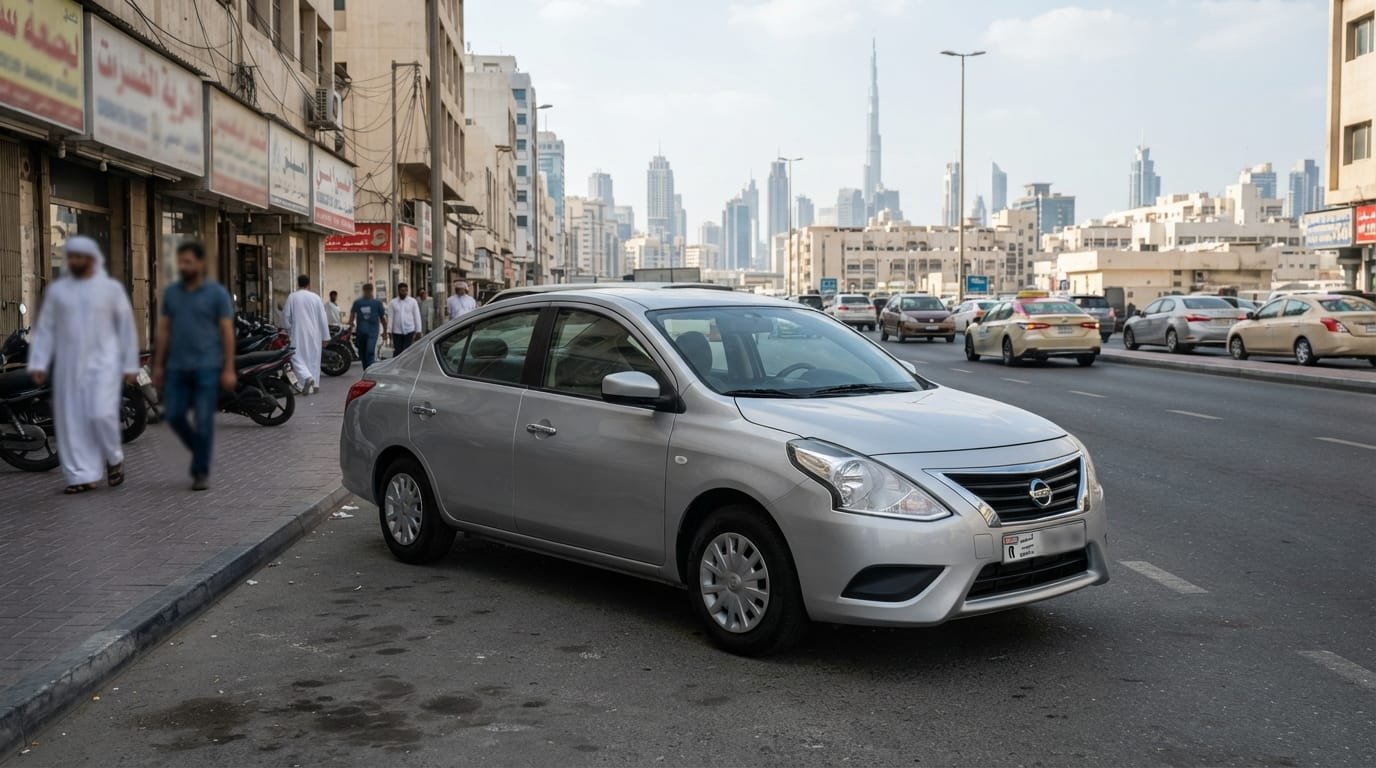 Silver GCC-spec Nissan Sunny 2023 parked in Dubai business district showing clean factory condition