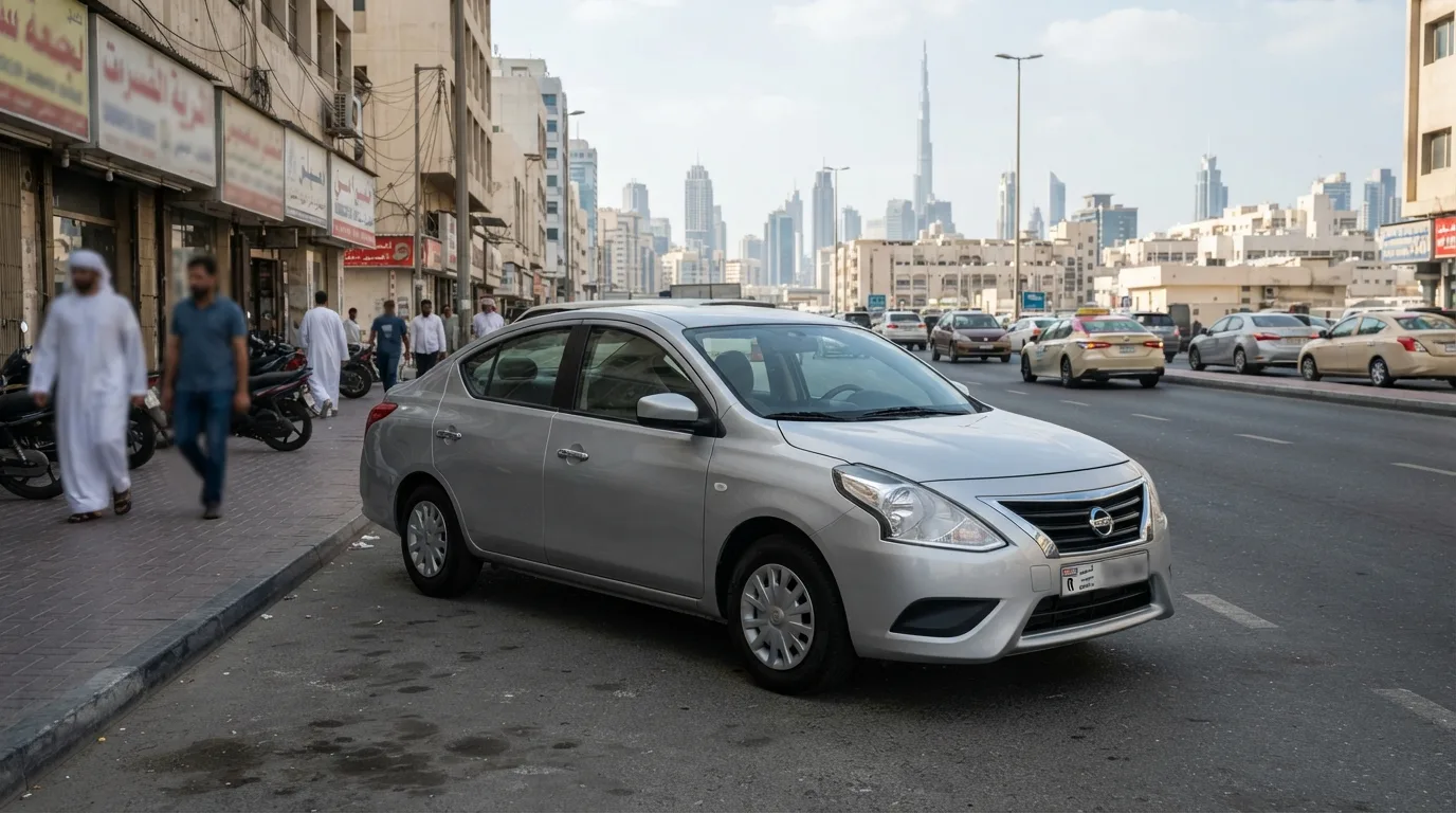 Silver GCC-spec Nissan Sunny 2023 parked in Dubai business district showing clean factory condition