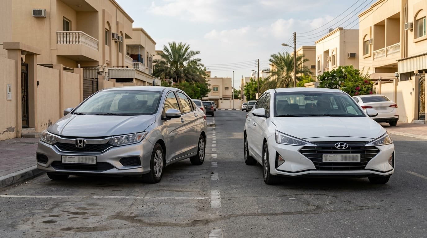 Honda City and Hyundai Elantra UAE used cars parked in Sharjah residential area