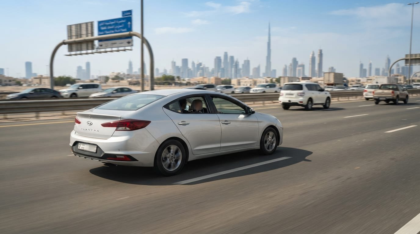 Hyundai Elantra 2021 silver sedan UAE highway comparison
