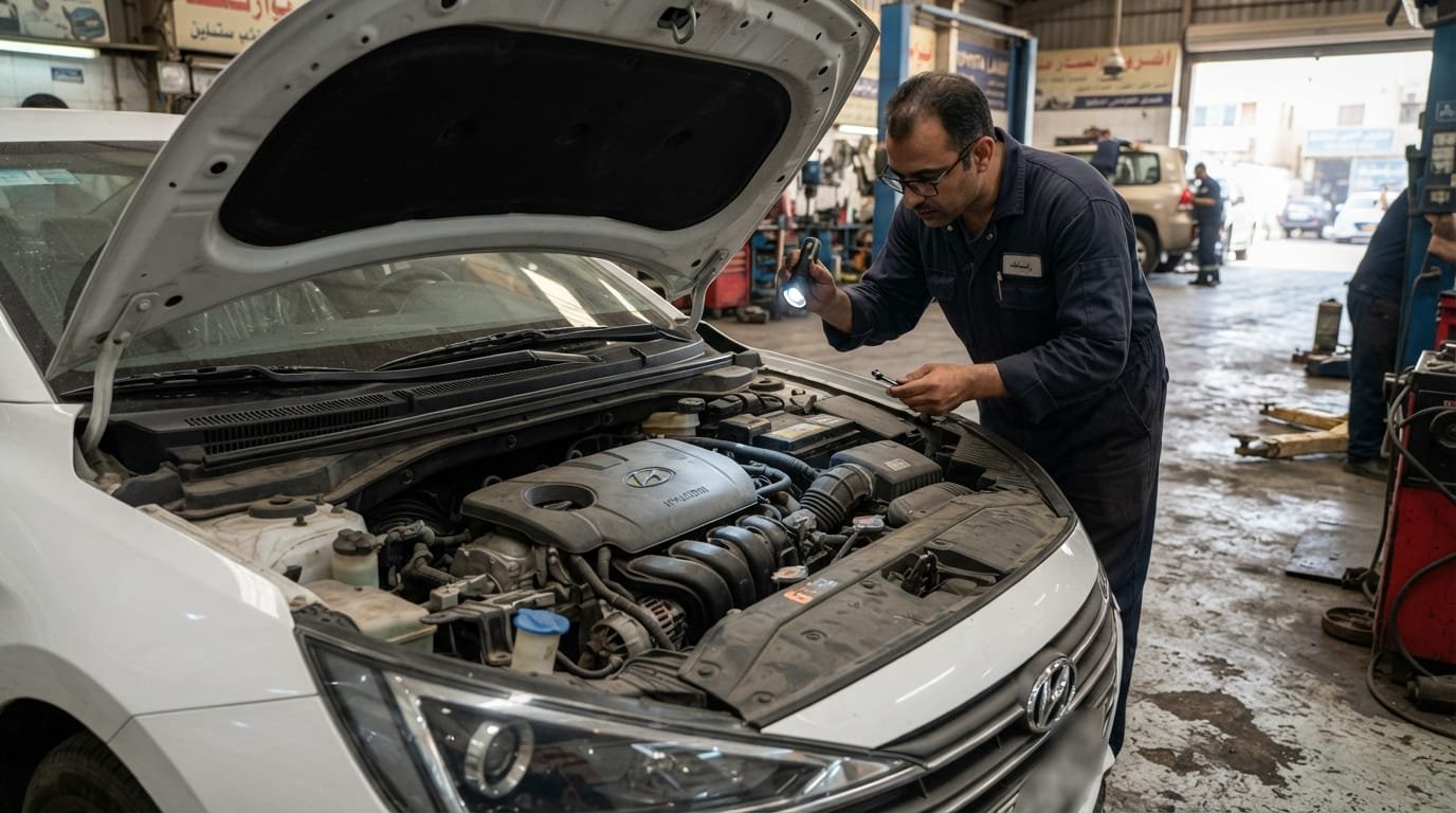 Hyundai Elantra engine bay inspection UAE workshop Al Quoz