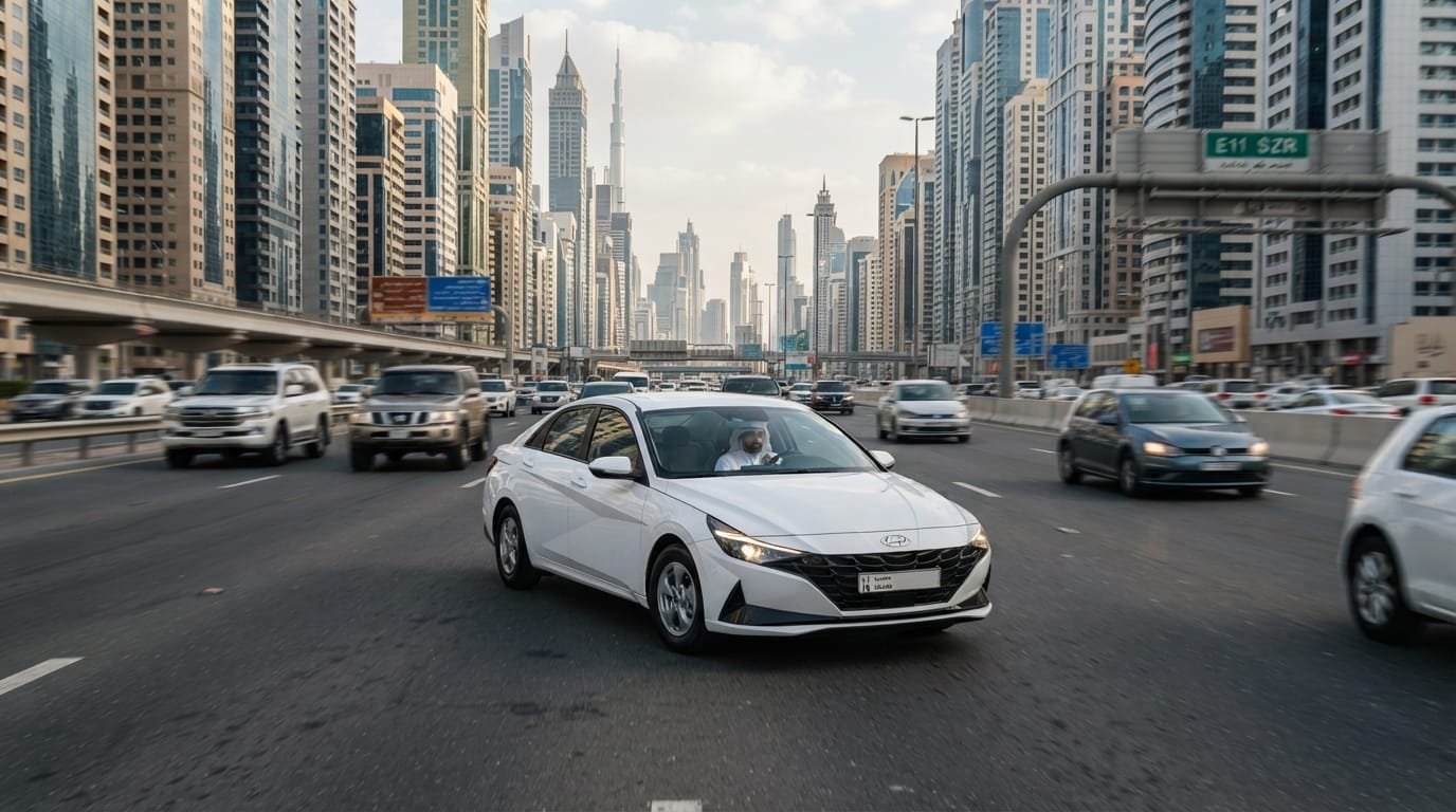 hyundai elantra gcc vs us spec uae — white 2022 Hyundai Elantra GCC spec parked on Dubai highway