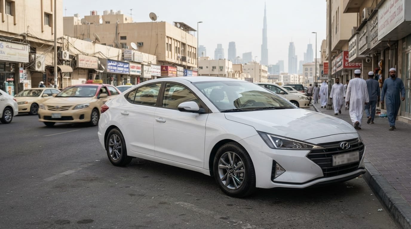 hyundai elantra insurance cost uae — white 2022 Hyundai Elantra sedan parked in Dubai