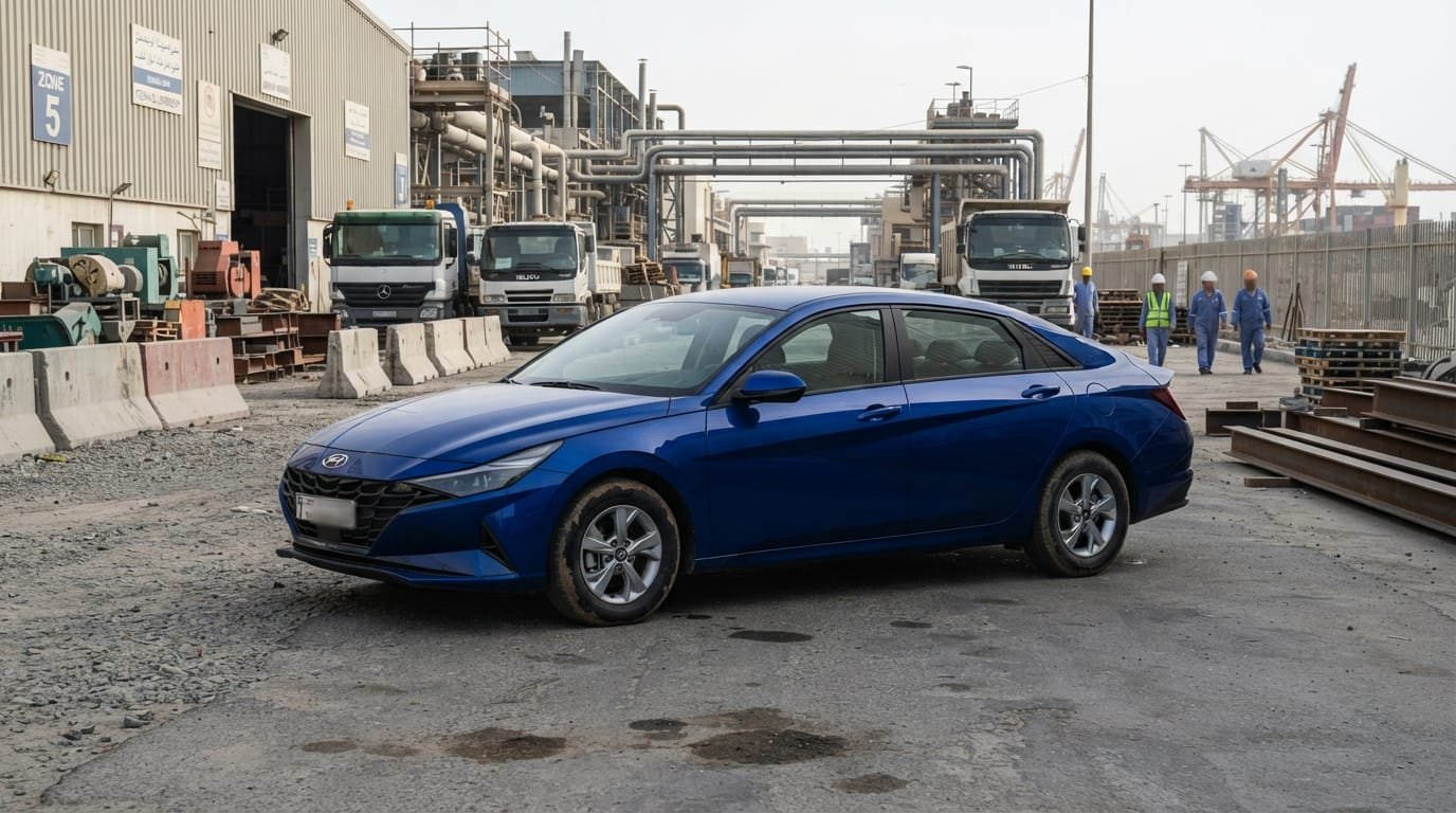 hyundai elantra maintenance cost uae — 2023 Hyundai Elantra GCC spec in factory white parked outside Al Quoz industrial workshop Dubai.