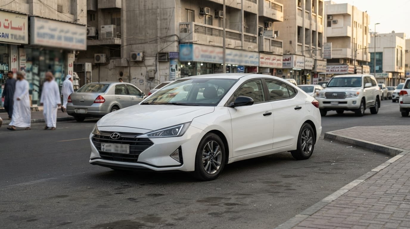 is used hyundai elantra reliable uae — white 2020 Hyundai Elantra GCC spec parked in Dubai
