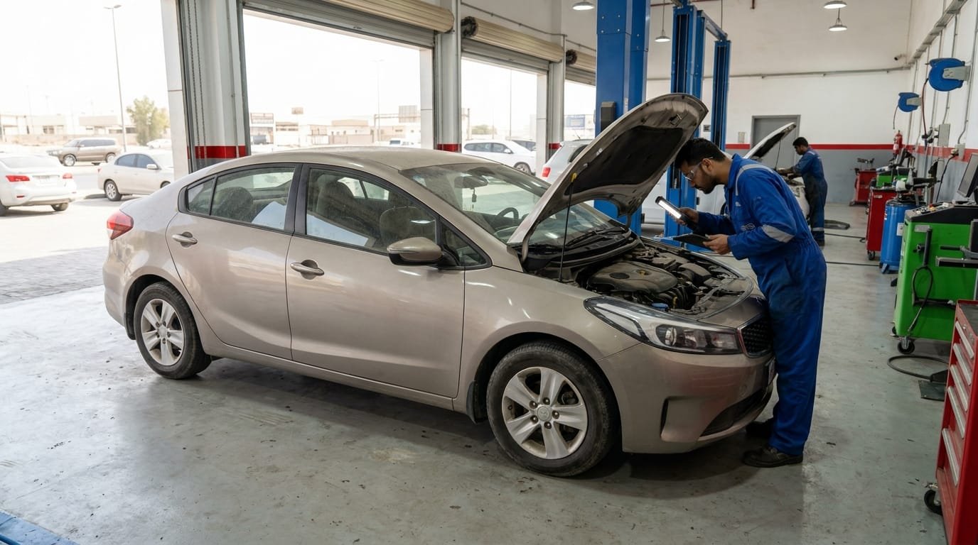 is used Kia Cerato reliable UAE — inspector checking a used Kia Cerato in a Dubai workshop