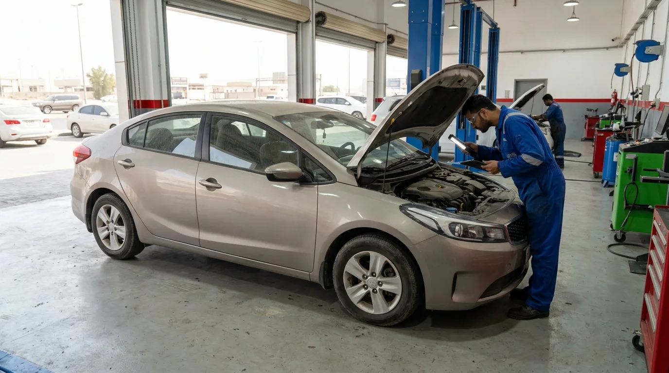 is used Kia Cerato reliable UAE — inspector checking a used Kia Cerato in a Dubai workshop
