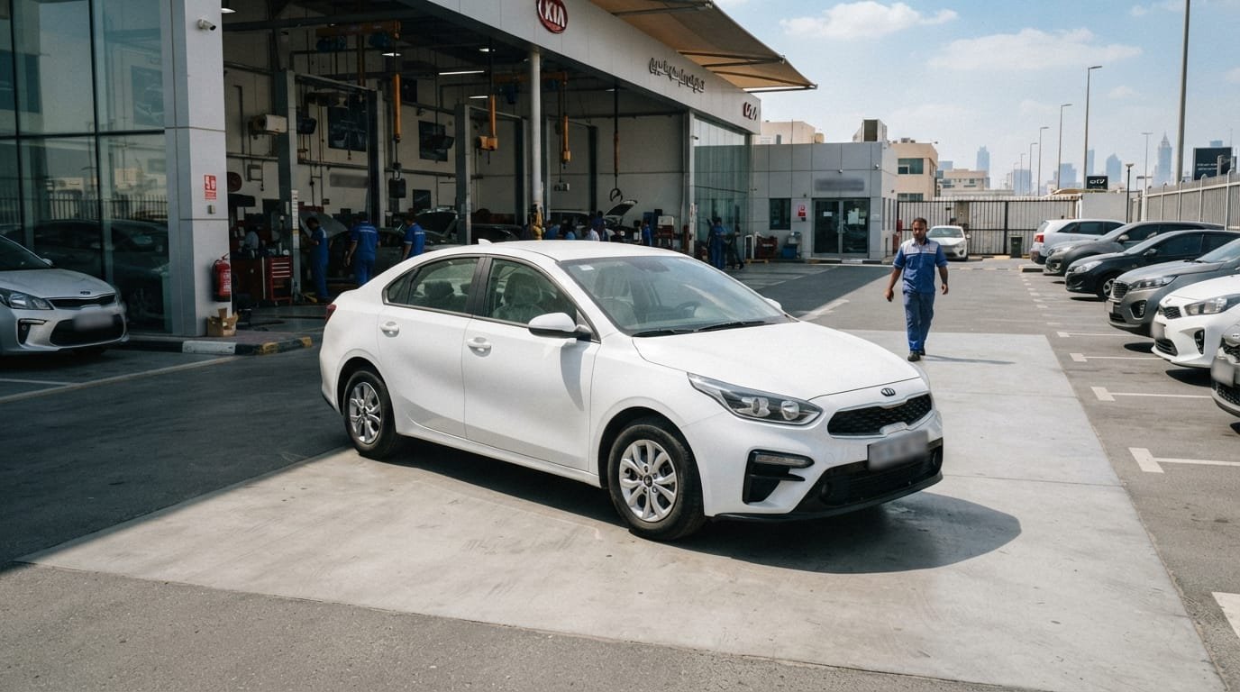 Kia Cerato sedan at an authorised UAE dealership workshop representing agency repair