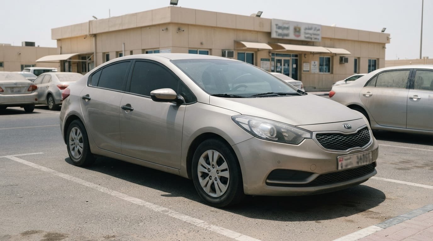Kia Cerato insurance cost UAE — sedan parked at a Dubai insurance and registration centre