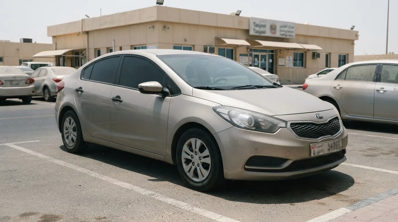 Kia Cerato insurance cost UAE — sedan parked at a Dubai insurance and registration centre