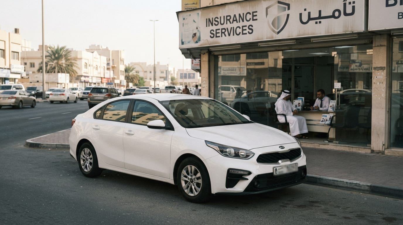 Kia Cerato sedan outside a UAE insurance broker office reviewing a comprehensive policy