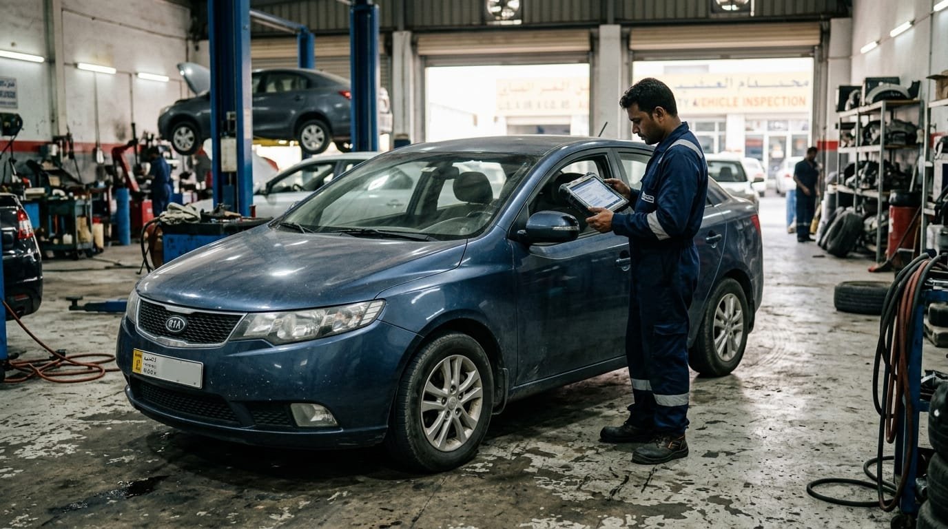 kia cerato repair cost uae — mechanic inspecting a Kia Cerato sedan at a UAE workshop