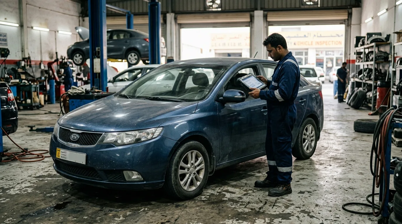 kia cerato repair cost uae — mechanic inspecting a Kia Cerato sedan at a UAE workshop