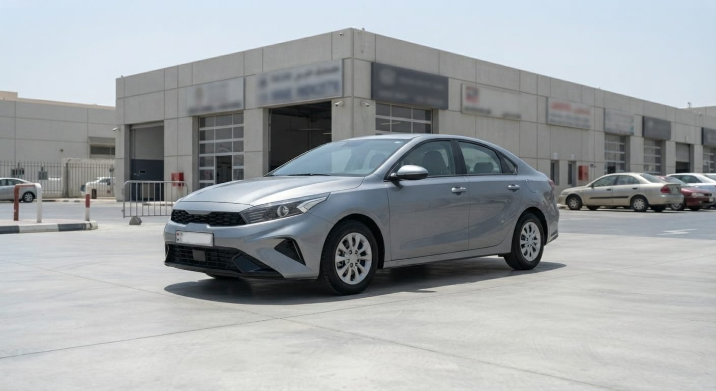Silver Kia Cerato sedan parked at a UAE used car inspection centre, reflecting Kia Cerato resale value UAE market conditions