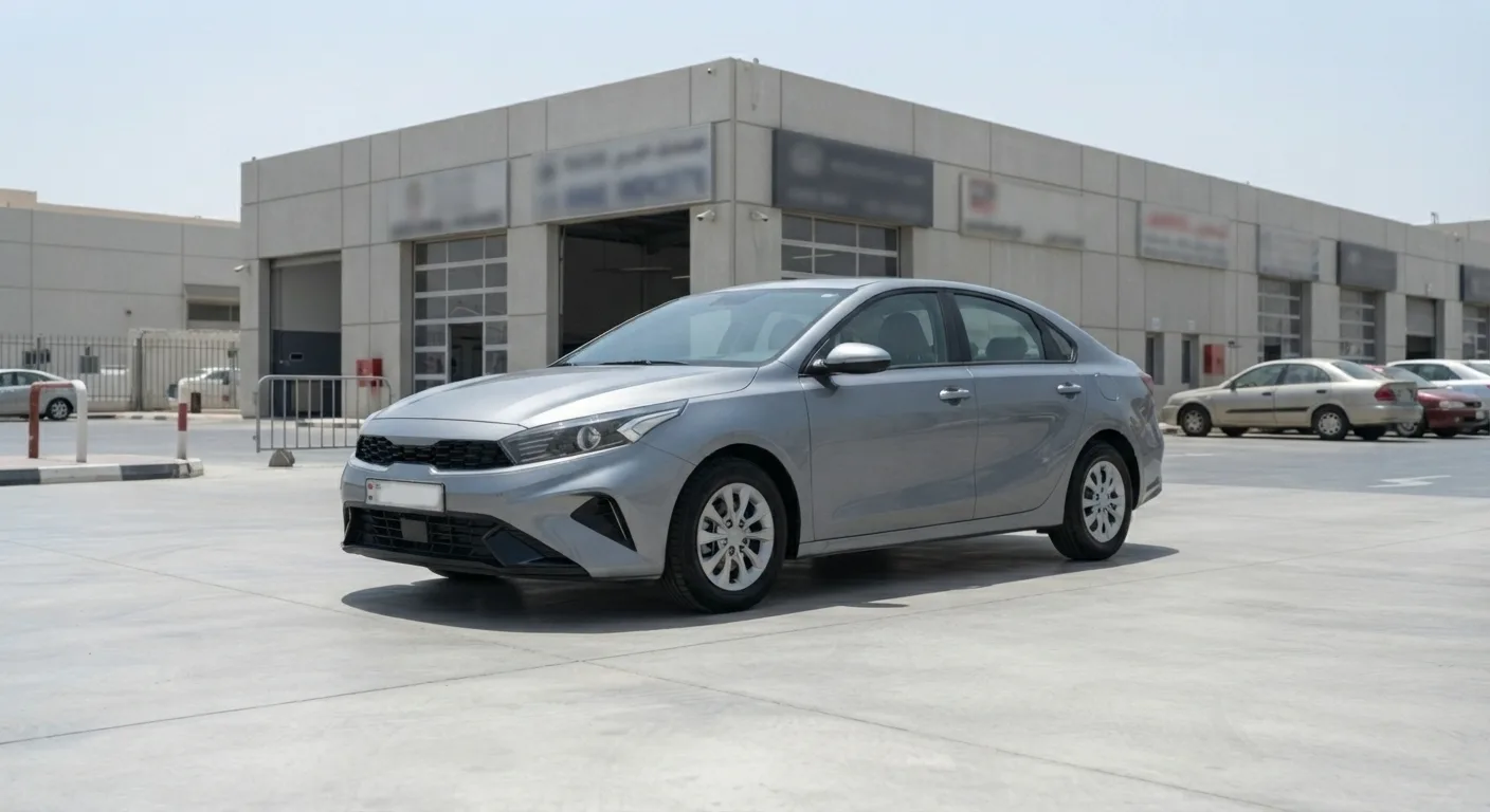 Silver Kia Cerato sedan parked at a UAE used car inspection centre, reflecting Kia Cerato resale value UAE market conditions