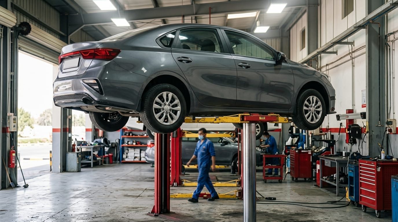 Kia Cerato undergoing suspension inspection at a UAE service centre