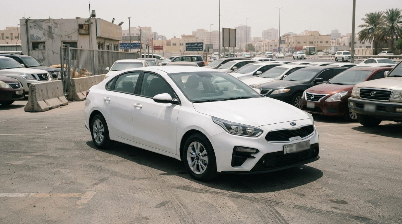 Kia Cerato sedan on display at a Dubai used car dealership lot