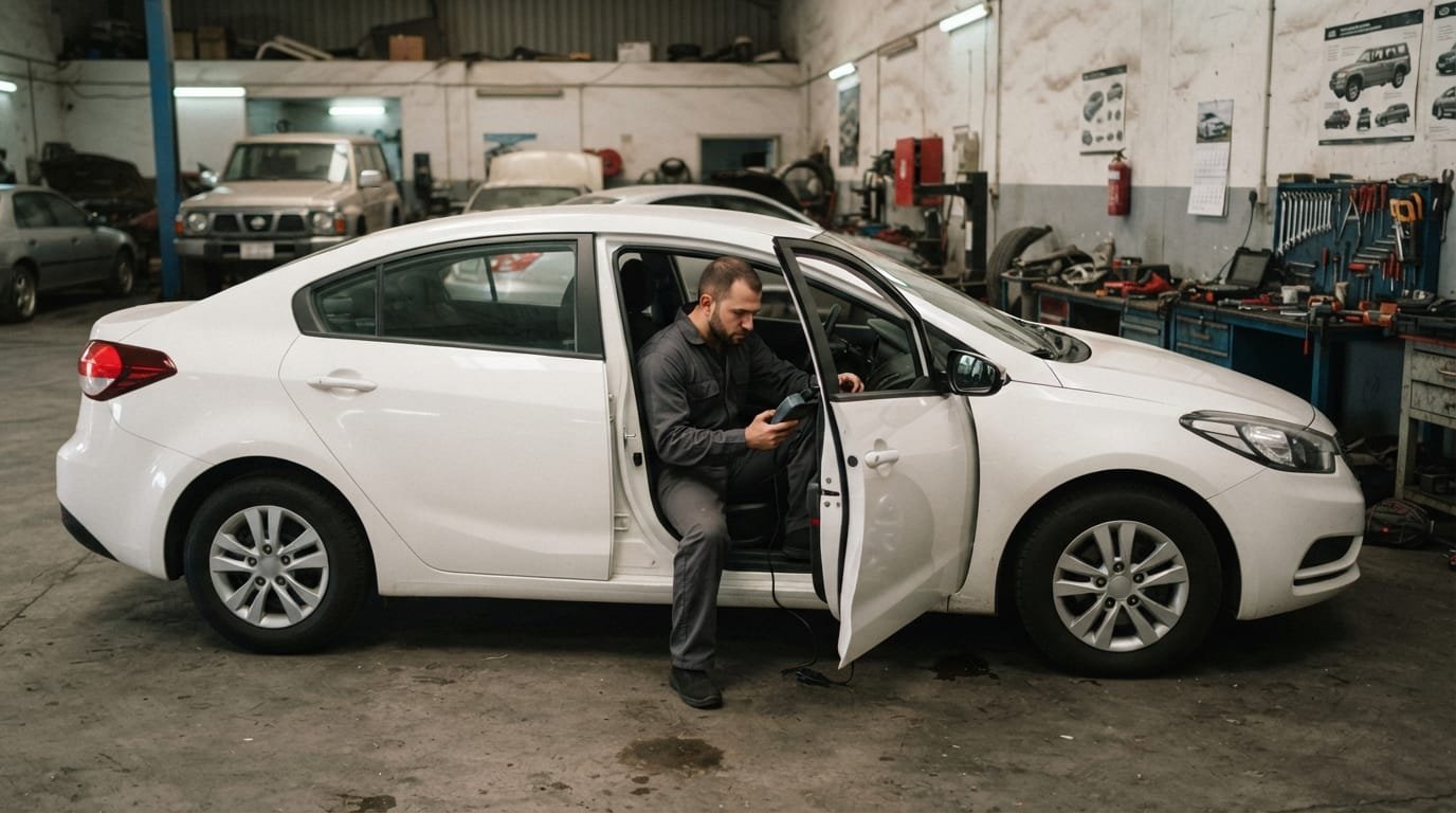 Mechanic running a diagnostic scan on a used Kia Cerato in a UAE workshop