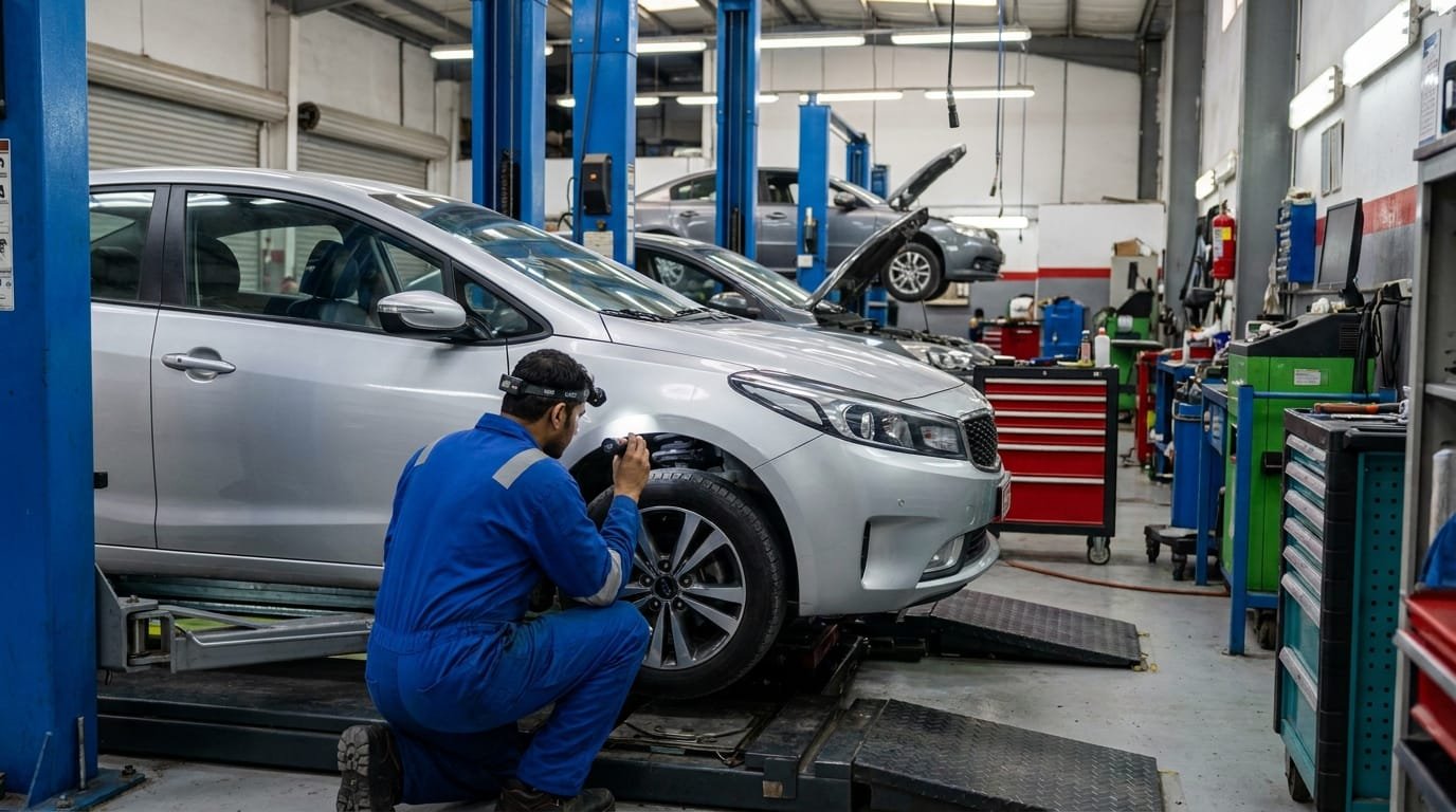 Mechanic inspecting a used Kia Cerato before purchase in the UAE