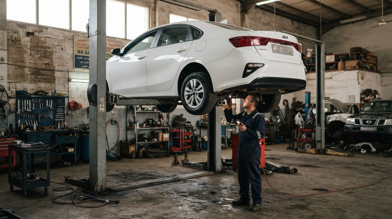 Used Kia Cerato undergoing a suspension and brake inspection at a UAE garage