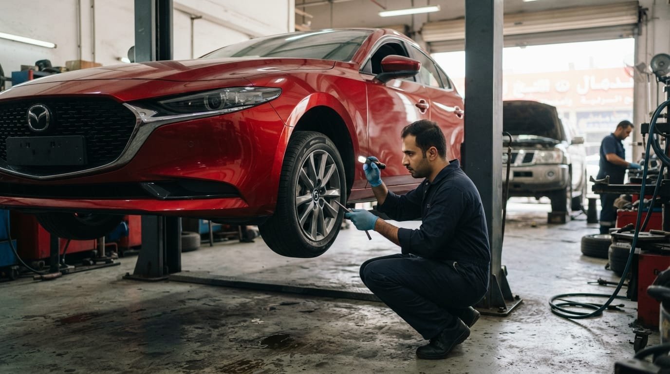 Mechanic inspecting Mazda 3 brakes at UAE garage