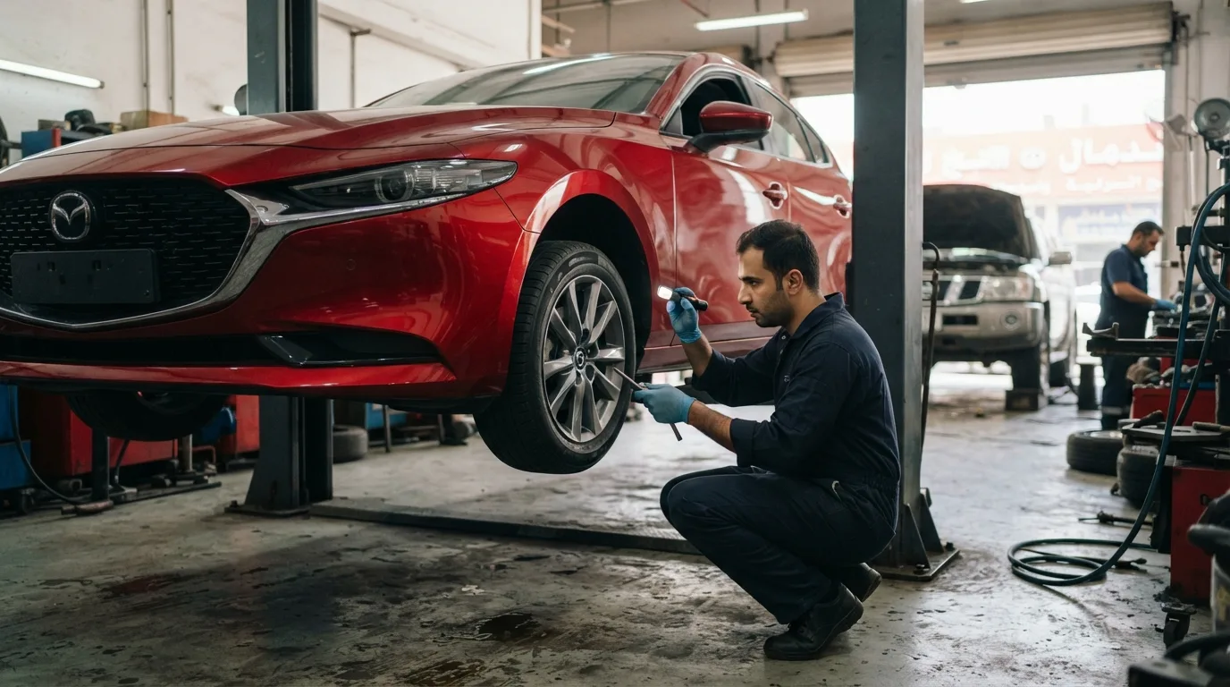 Mechanic inspecting Mazda 3 brakes at UAE garage