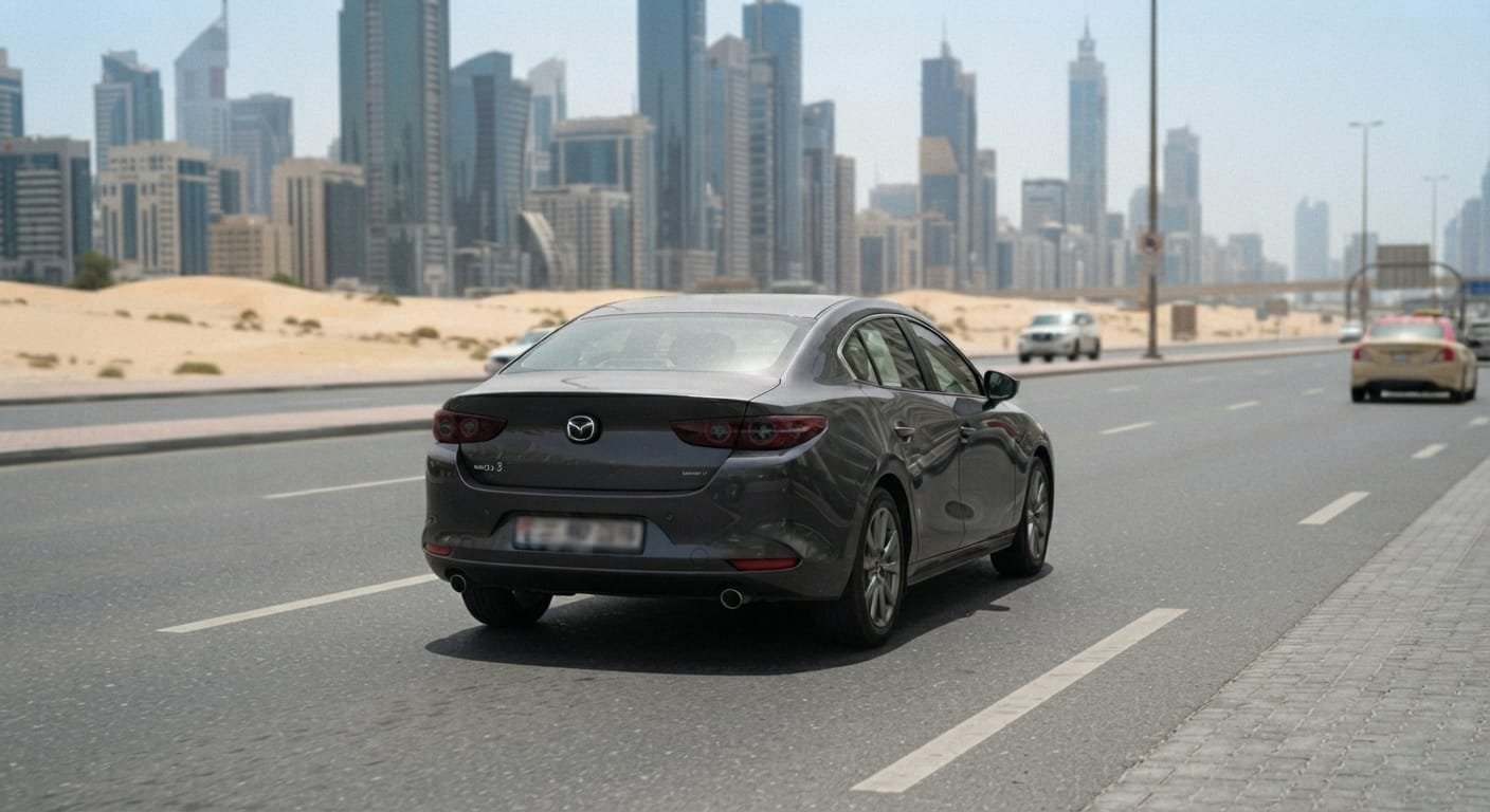 GCC-spec Mazda 3 driving on a UAE road